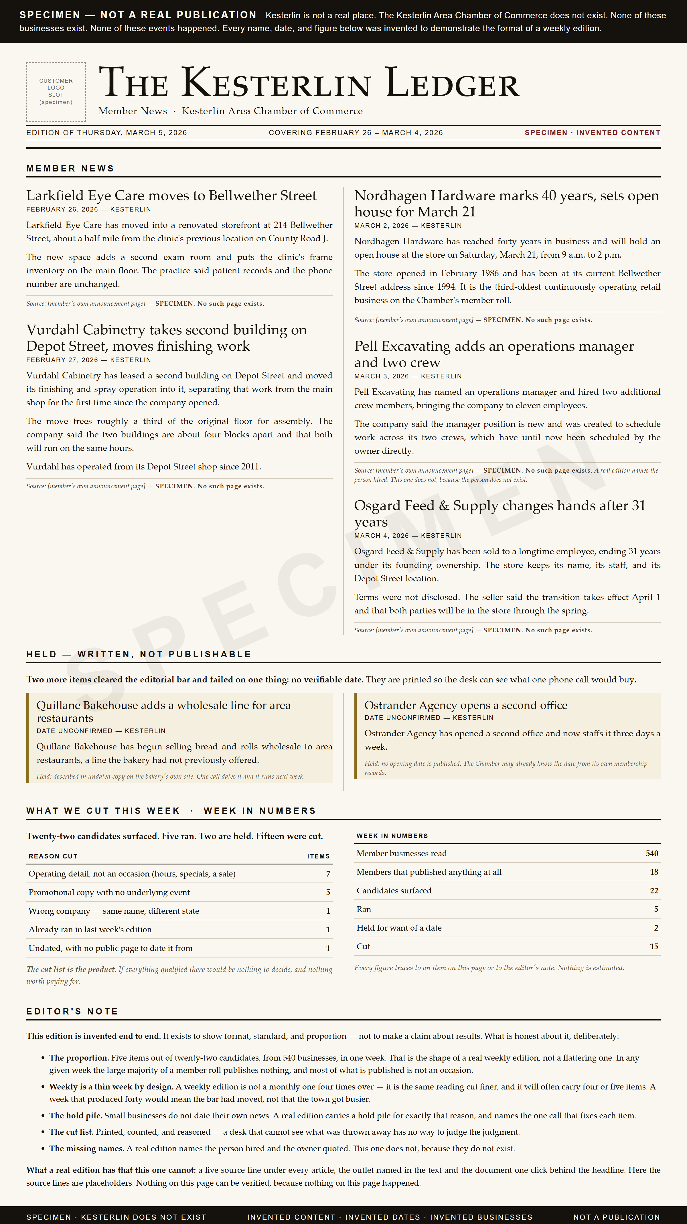 Specimen edition — an invented sample. Click to enlarge and read.